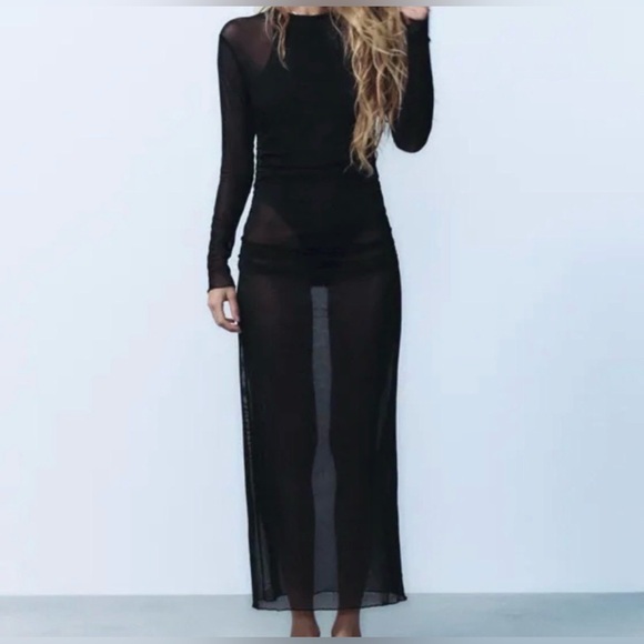 Zara Dresses & Skirts - NWOT ZARA Sheer Ruched Maxi Dress Built-In Bodysuit Long Sleeve Mesh Black